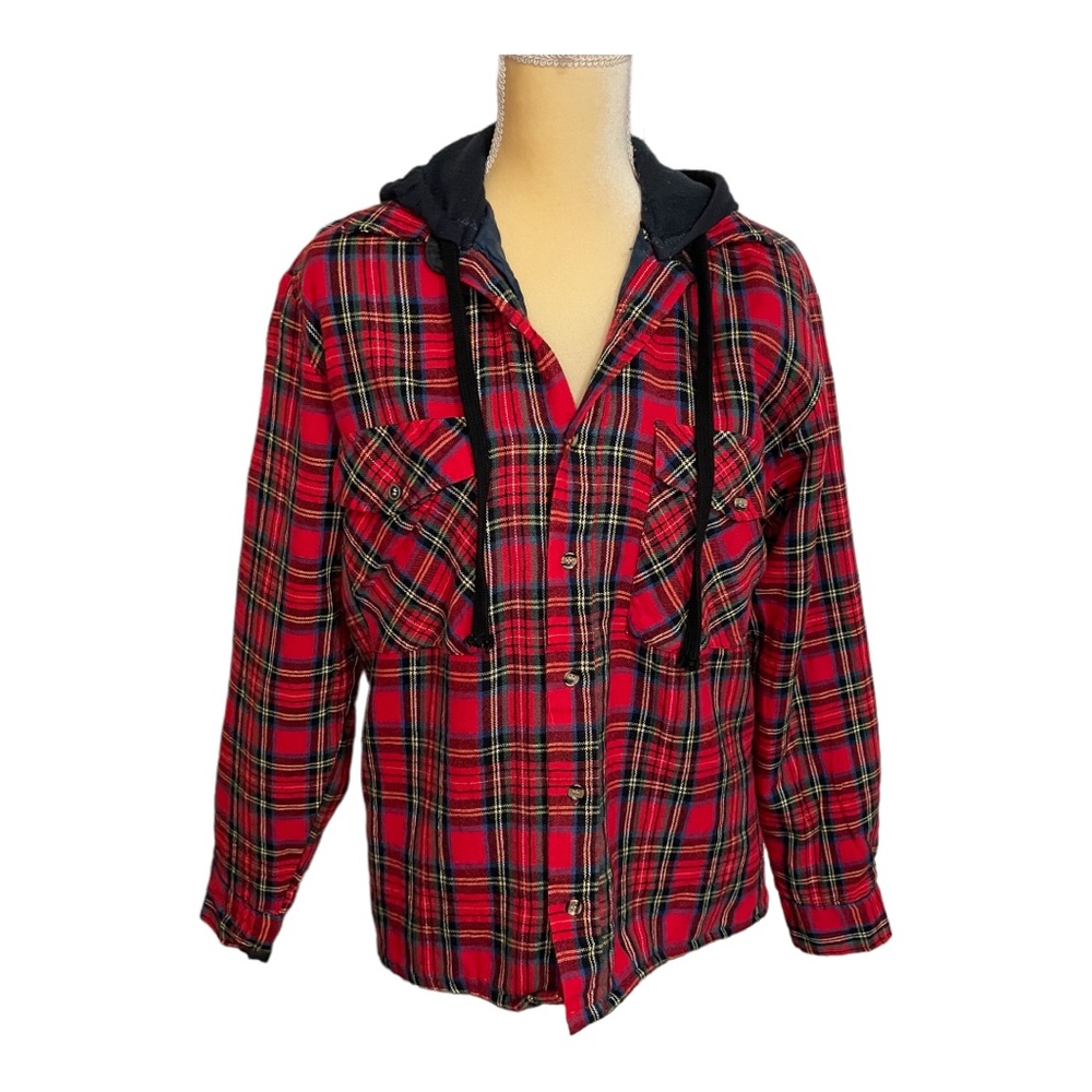 Rustic Outfitter Red Plaid Hooded Shirt Jacket‎ Shacket Size Medium Tartan